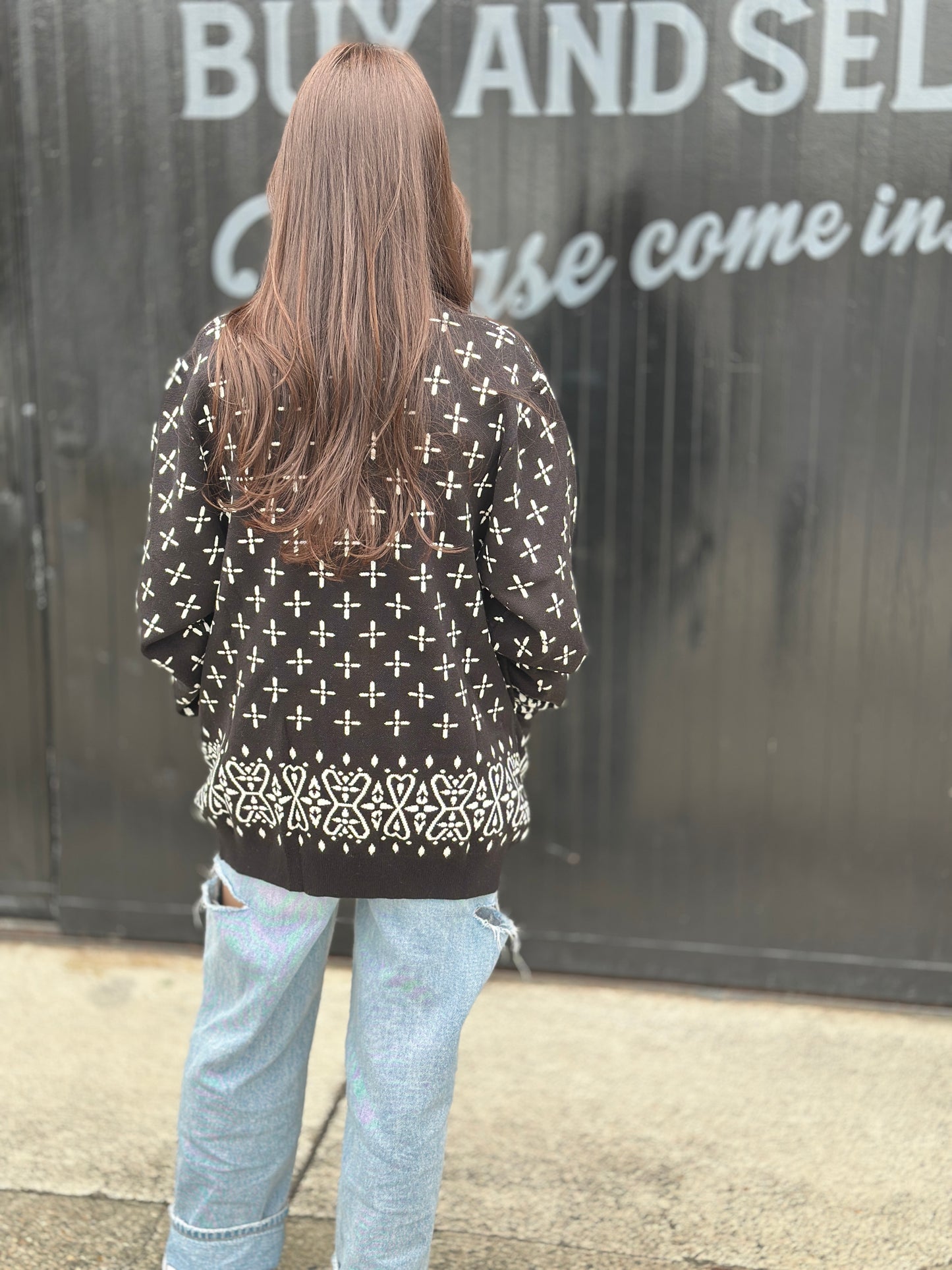 カーディガン Knitted Cardigan Bandanna Cross Black 231-53531